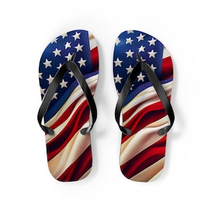 American Flag Flip Flops, Women&#39;s Sandals, Red White Blue Slides, Made In America, Beach Shoes, 4th of July Footwear, Patriotic Slip Ons