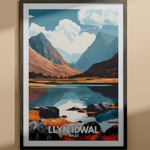 May include: A framed poster featuring a colourful illustration of a lake and mountains. The text on the poster reads "LLYN IDWAL WALES".