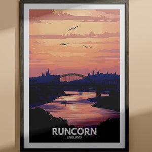 Può includere: Un'illustrazione incorniciata di una città con un ponte su un fiume. Il cielo è un gradiente di rosa, arancione e viola. La città è in silhouette contro il tramonto. Il testo "Runcorn, England" è in basso nell'immagine.
