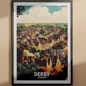 Impresión de Derby - Póster de viaje de Derby / Impresión de arte de pared de Inglaterra / Decoración del hogar de Inglaterra / Decoración de arte de pared de viaje / Póster de ciudad único