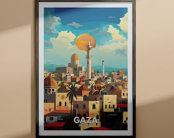 Puede incluir: Una ilustración colorida de una ciudad con un gran sol amarillo en el cielo. La ciudad está compuesta por edificios con techos rojos, naranjas y marrones. Hay un alto minarete en el centro de la imagen. El texto "GAZA PALESTINE" está en la parte inferior de la imagen.