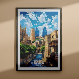Impresión de arte de Bakú - Cartel de viaje de Bakú / Impresión de arte mural de Azerbaiyán / Decoración del hogar de Azerbaiyán / Decoración de arte de pared de viaje / Cartel único de la ciudad