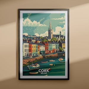 May include: A colourful illustration of the city of Cork, Ireland. The image features a cityscape with buildings lining a river, with boats in the water. The text "CORK IRELAND" is at the bottom of the image.