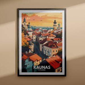 Impresión de Kaunas - Póster de viaje de Kaunas / Impresión de arte mural de Lituania / Decoración del hogar de Lituania / Decoración de pared de viaje / Póster de ciudad único