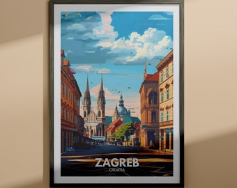 May include: A colorful illustration of a street scene in Zagreb, Croatia. The image features a view down a street lined with buildings, with two tall church towers in the distance. The sky is blue with white clouds.