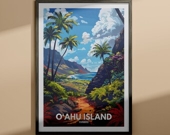Impressão O'ahu - Pôster da Ilha O'ahu / Arte da ilha do Havaí / Pôster de viagens do Havaí / Estampas da natureza