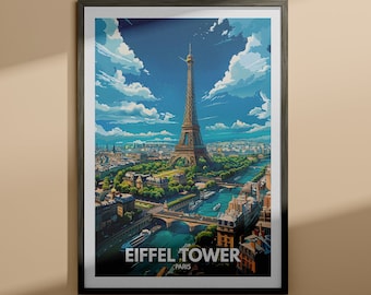 May include: A framed print of a colourful illustration of the Eiffel Tower in Paris, France. The print features a blue sky with white clouds and a view of the city below the tower. The text "Eiffel Tower Paris" is printed at the bottom of the print.