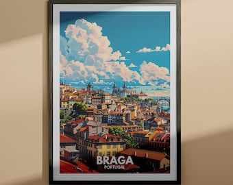 May include: A colorful illustration of the city of Braga, Portugal. The image features a cityscape with buildings, a bridge, and a cloudy sky. The text "BRAGA PORTUGAL" is at the bottom of the image.