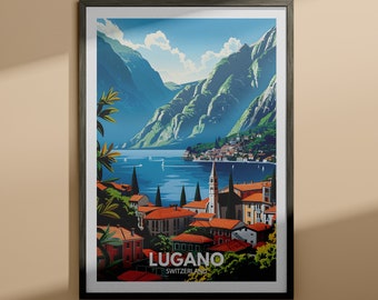 May include: A vintage travel poster featuring a colorful illustration of Lugano, Switzerland. The poster depicts a picturesque town nestled between mountains and a lake, with boats on the water.