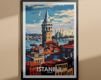 May include: A colorful illustration of the Galata Tower in Istanbul, Turkey. The tower is a prominent landmark in the city and is surrounded by other buildings and a body of water. The sky is blue with white clouds and there are birds flying in the air. The text "ISTANBUL TURKEY" is at the bottom of the image.