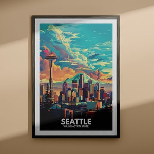 Impresión de Seattle - Cartel de Seattle / Impresión de arte mural del estado de Washington / Decoración del hogar de viaje de Estados Unidos / Cartel de la ciudad de EE.UU.