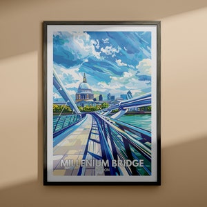 May include: A colorful illustration of the Millennium Bridge in London, England. The bridge is a pedestrian bridge that crosses the River Thames. The bridge is made of steel and has a modern design. The illustration shows the bridge from a perspective looking down the bridge towards St. Paul's Cathedral in the distance. The sky is blue with white clouds. The text "Millennium Bridge London" is at the bottom of the illustration.