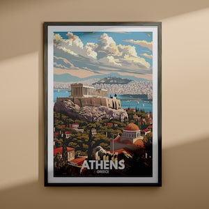 Impresión de Atenas - Póster de viaje a Atenas / Impresión de arte mural de viaje a Grecia / Regalo de inauguración de la casa / Póster de decoración de pared de la ciudad / TCP - 0002