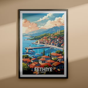 May include: A colorful illustration of a coastal town in Fethiye, Turkey. The image shows a harbor with boats, a pier, and buildings with red tile roofs. The town is nestled against a hillside with lush green trees. The sky is blue with white clouds.