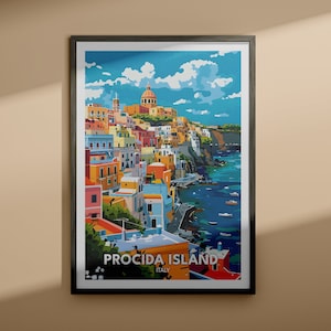 May include: A colorful illustration of the island of Procida, Italy. The image shows a hillside town with colorful buildings, a church with a dome, and a blue sea with boats. The text "Procida Island, Italy" is at the bottom of the image.
