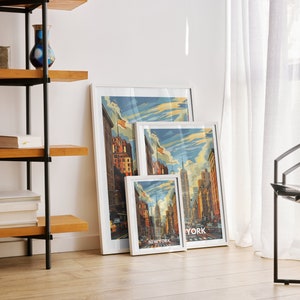 A New York travel poster is featured in a gallery wall in the living room, surrounded by other travel prints.