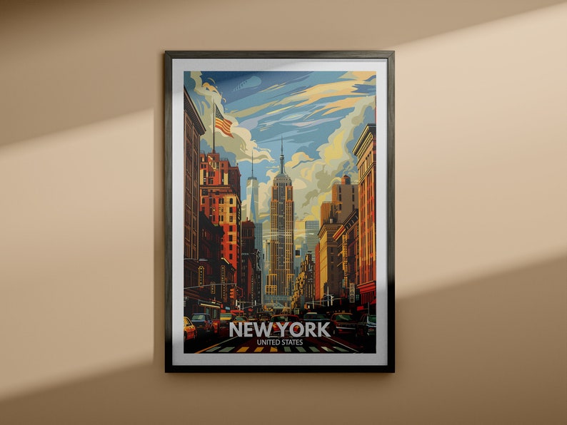 A beautifully framed New York print in a cozy living room, surrounded by plush cushions and rustic furniture. The poster captures New York's vibrant streets and iconic landmarks, adding American warmth and charm to the space.