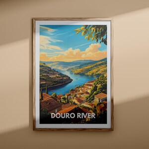 In a contemporary home office, a Douro River travel poster hangs above a sleek desk. Featuring vibrant illustrations of the river's landscapes, it brings inspiration and a splash of Europe's natural charm to the workspace.