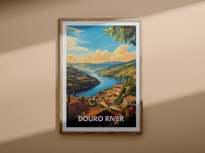 In a contemporary home office, a Douro River travel poster hangs above a sleek desk. Featuring vibrant illustrations of the river's landscapes, it brings inspiration and a splash of Europe's natural charm to the workspace.