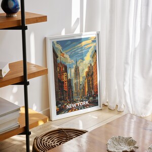 In a bright and airy kitchen, an American art print featuring New York adds a splash of color and charm to the space. The poster's illustration of New York's historic streets and lively atmosphere brings a touch of American flair to the room.