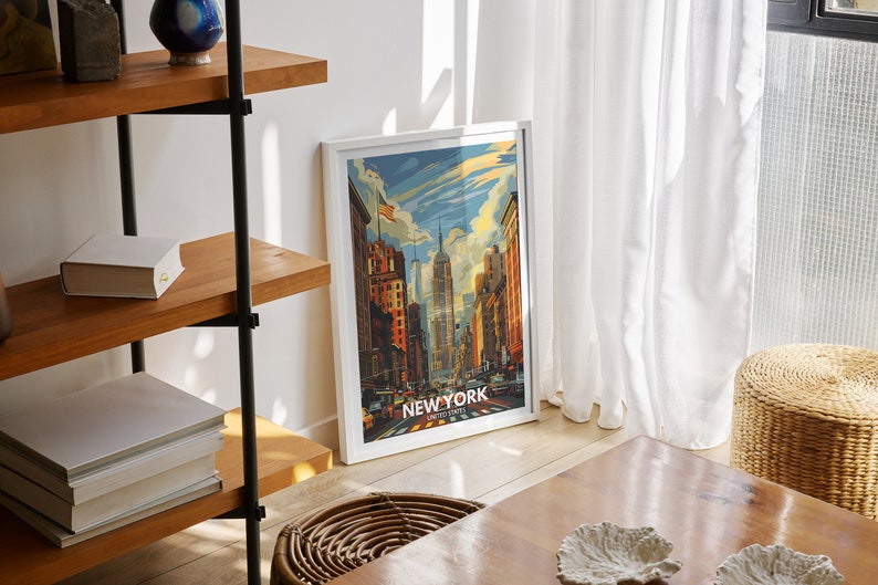 In a bright and airy kitchen, an American art print featuring New York adds a splash of color and charm to the space. The poster's illustration of New York's historic streets and lively atmosphere brings a touch of American flair to the room.
