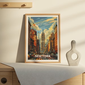 In a minimalist bedroom, a New York travel wall art decor is placed above the bed, framed in a sleek design. The vibrant colors and detailed illustration bring the beauty and charm of New York into the serene space.