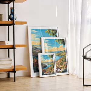A Douro River travel poster is featured in a gallery wall in the living room, surrounded by other nature prints.