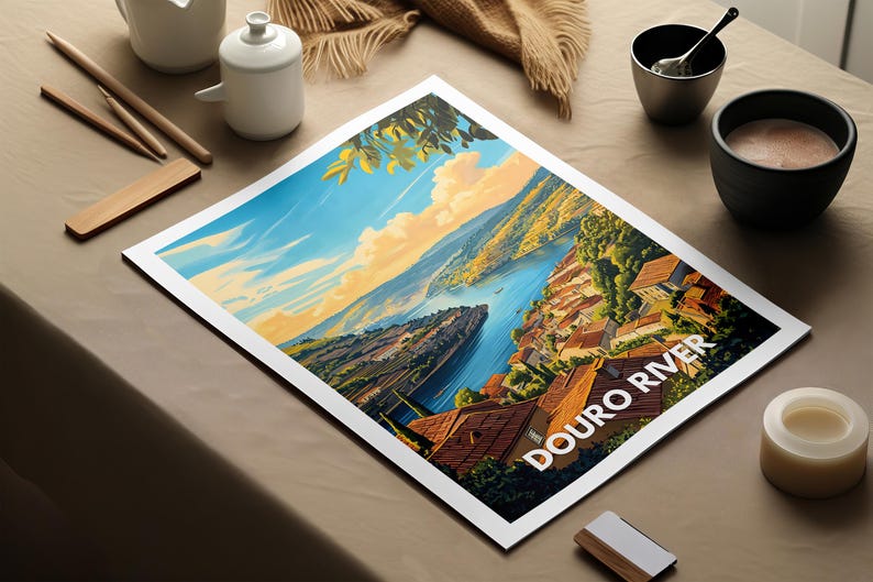 Leaning against a bookshelf in a study, a Europe nature print featuring the Douro River is paired with classic literature and antique decor. The print's depiction of the Douro winding through vineyards adds tranquility to the room.