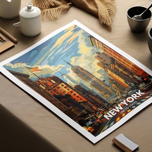 Leaning against a bookshelf in a study, a United States travel home decor poster featuring New York is paired with classic literature and antique decor. The print's depiction of historic sites and vibrant scenes adds sophistication to the room.