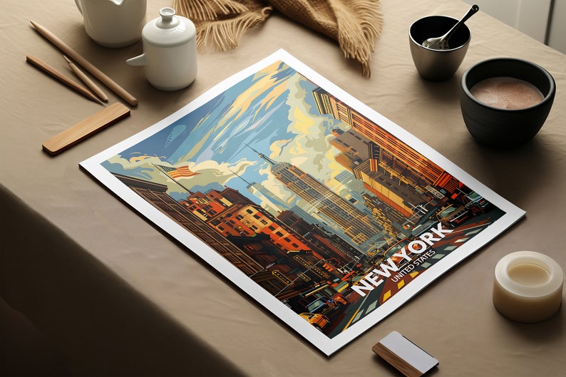 Leaning against a bookshelf in a study, a United States travel home decor poster featuring New York is paired with classic literature and antique decor. The print's depiction of historic sites and vibrant scenes adds sophistication to the room.