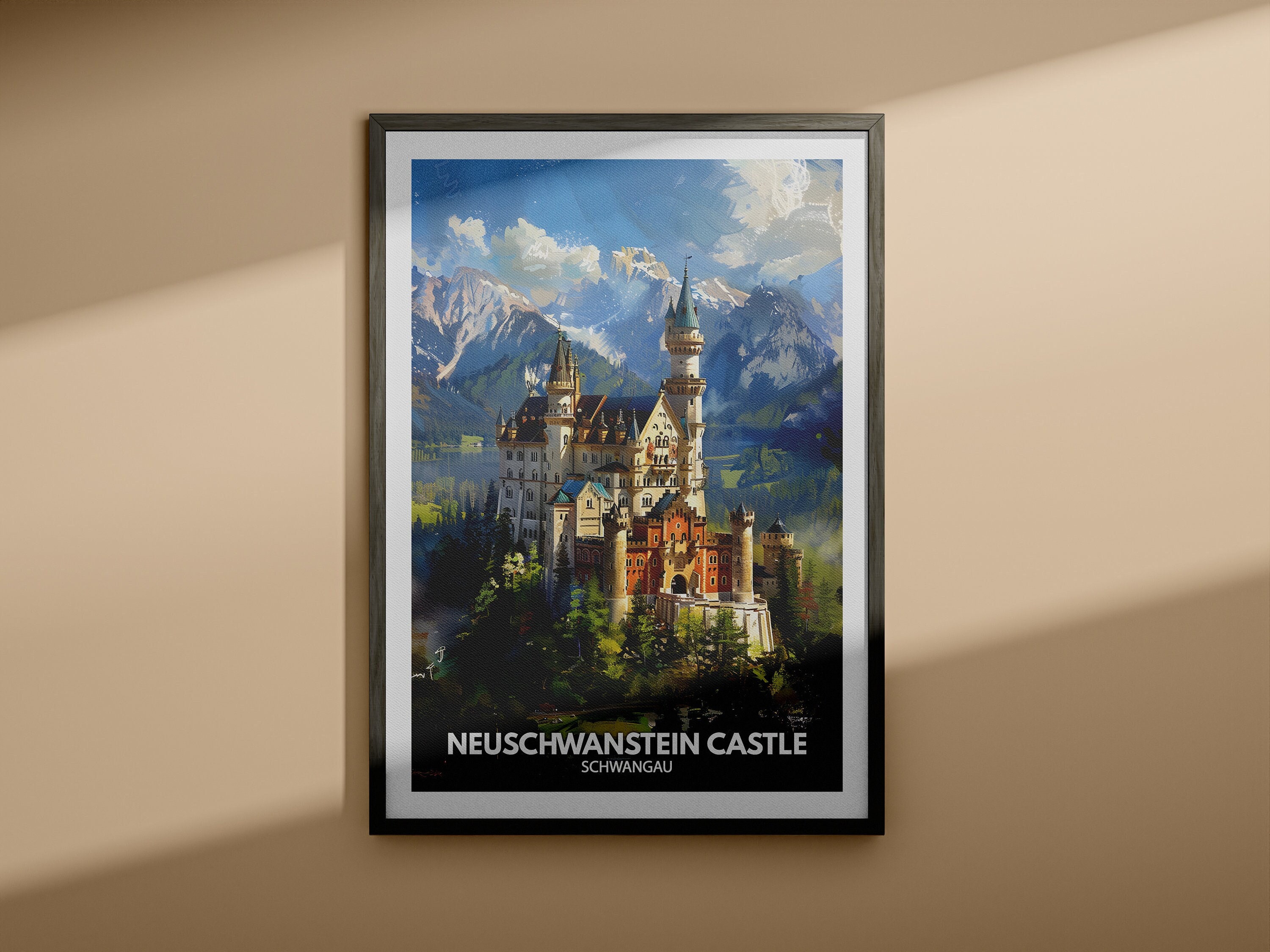 Klok Château De Neuschwanstein 30 Cm - Lac De Montagne Devant Le Chateau De Neuschwanstein En Allemagne Moderne Horloge Murale Noire Avec Photo