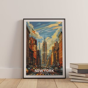 A unique city poster of New York is prominently displayed in a modern hallway, complemented by stylish lighting and a console table. The artwork captures New York's unique character, making it a standout piece in the home.