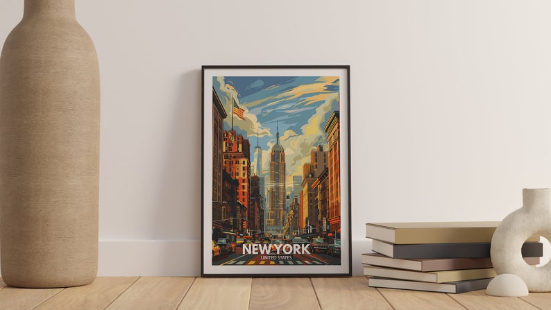 A unique city poster of New York is prominently displayed in a modern hallway, complemented by stylish lighting and a console table. The artwork captures New York's unique character, making it a standout piece in the home.
