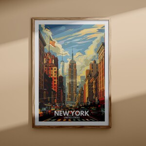 In a contemporary home office, a New York poster hangs above a sleek desk. Featuring vibrant illustrations of New York's landmarks, it provides inspiration and a splash of color to the workspace.