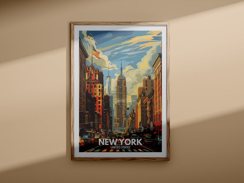 In a contemporary home office, a New York poster hangs above a sleek desk. Featuring vibrant illustrations of New York's landmarks, it provides inspiration and a splash of color to the workspace.