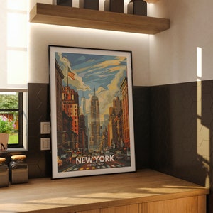 A United States wall art print of New York in a dining area creates a focal point above a vintage sideboard. The artwork's intricate details and rich colors evoke New York's cultural heritage, enhancing the room's ambiance.
