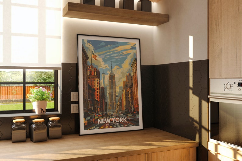 A United States wall art print of New York in a dining area creates a focal point above a vintage sideboard. The artwork's intricate details and rich colors evoke New York's cultural heritage, enhancing the room's ambiance.