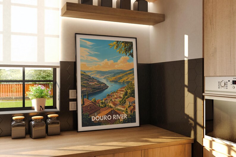 A Europe river art print of the Douro in a dining area creates a focal point above a vintage sideboard. The artwork's intricate details and rich colors evoke the river's majestic flow, enhancing the room's ambiance.