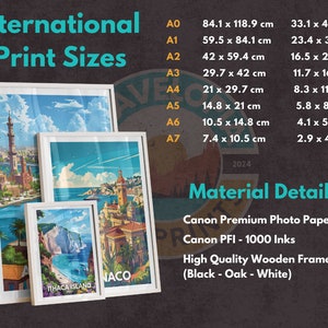 The image displays international print sizes with dimensions in centimeters and inches. Details about the materials used include Canon premium photo paper, Canon PFI-1000 inks, and high-quality wooden frames available in black, oak, and white.