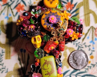 Day of the Dead Brooch, Dia de los Muerto, Fiesta, Celebration, Mexican Holiday, Cross Brooch