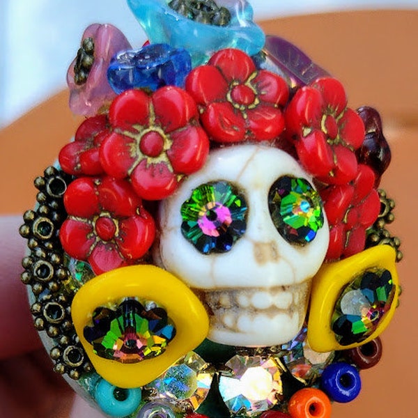 Large Sugar Skull adjustable, very colorful handmade ring for Dia de los Muerto.