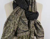 Black Paisley scarf Pashmina neck wrap elegant fern shawl long fringed Warm winter muffler soft Boho Chic scarf bespoke accessory gift idea