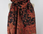 Black Paisley Scarf Pashmina Shawl Elegant Fringed Scarf Boho Chic Muffler Bohemian Warm Winter Bespoke Accessory baroque Scarf Gift idea