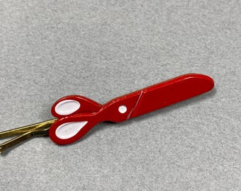 Vintage Scissors bobby pin Red white enamel cutting shears small hair pin slide