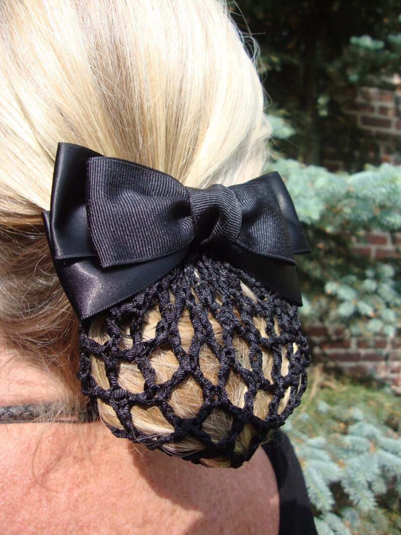 Black Satin Grosgrain Bow Snood Net Hair Barrette Dressage Bun Etsy