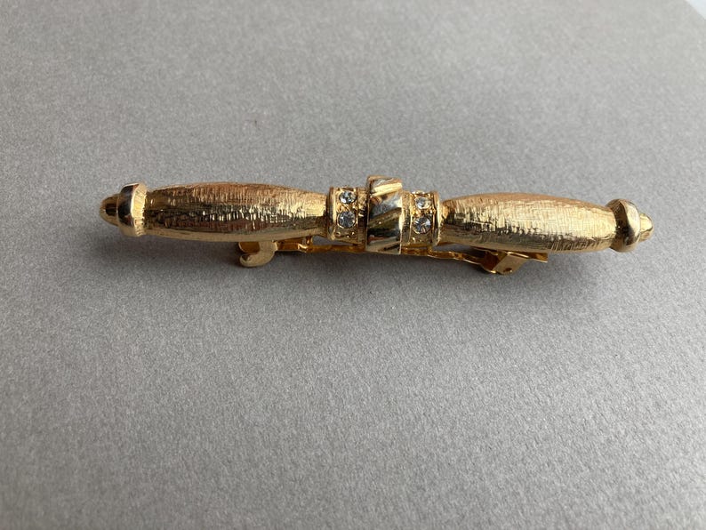 Vintage Sculpted Rhinestone Bar Barrette Gold Tone Metal Etched Clip image 10