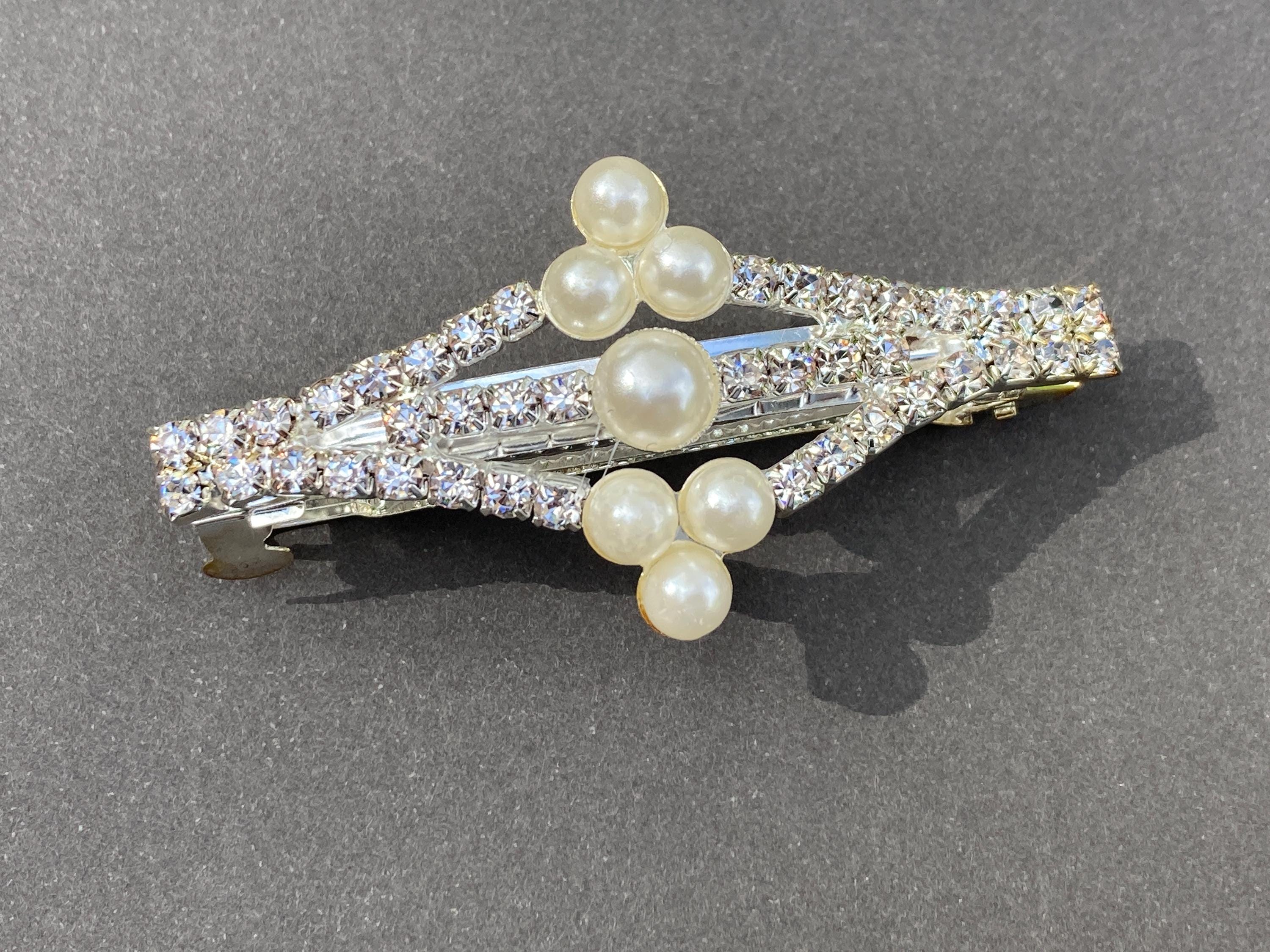 Estate Vintage Silver Faux Pearl and Rhinestone French Clip Hair Barrette 3.5\