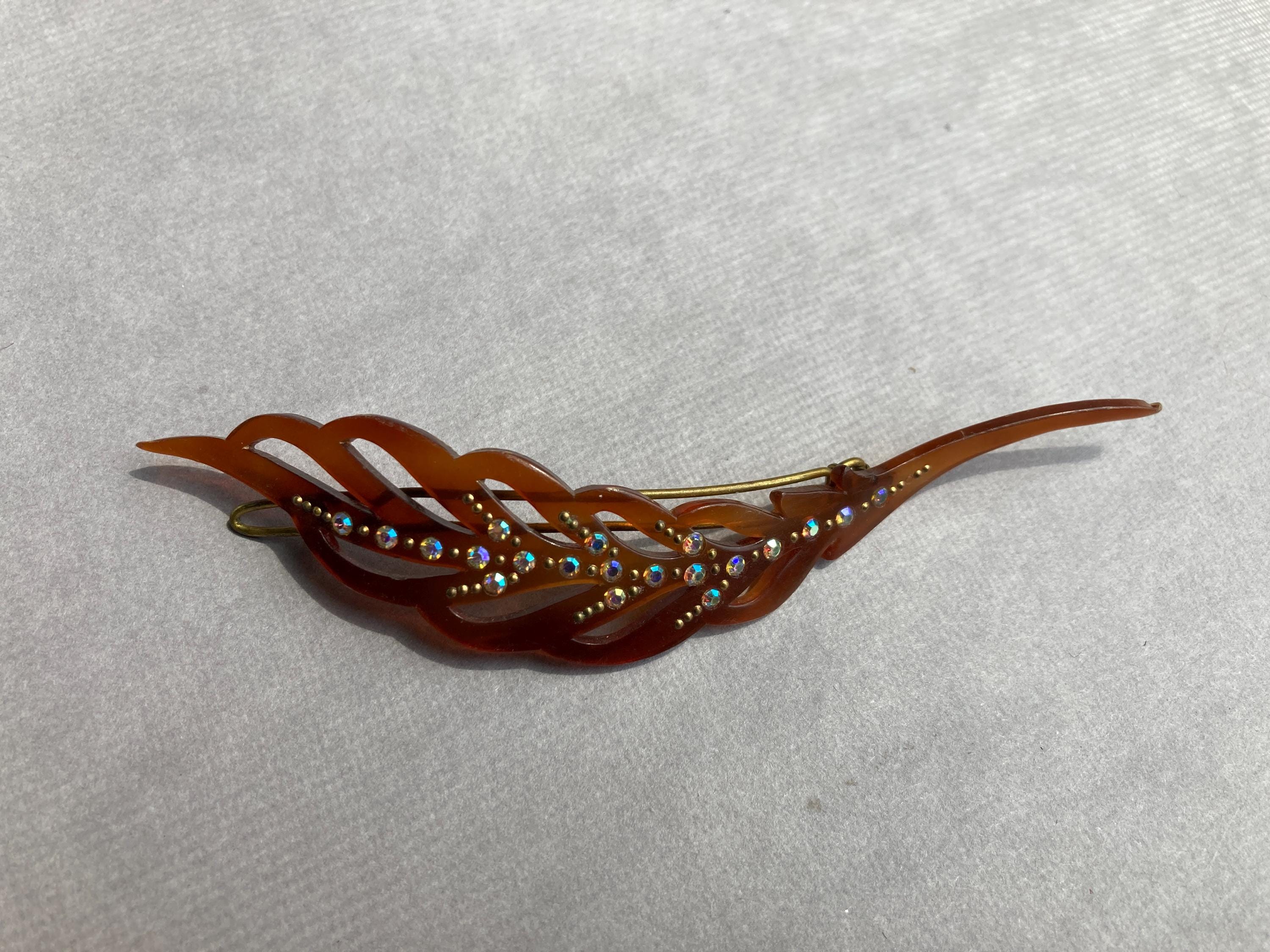 Vintage French Celluloid Tortoise Amber Feather Rhinestone Hair Clip Amazon.com : 2PCS French Design Hair Barrette Tortoise Shell  main image 2