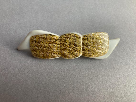 Vintage French Bow Barrette: White Gold Glitter Acrylic Hair Clip