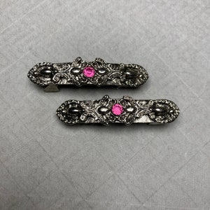 Vintage aged silver metal barrette set small ornate pink rhinestone hair clip pair tiny hair pin NOS
